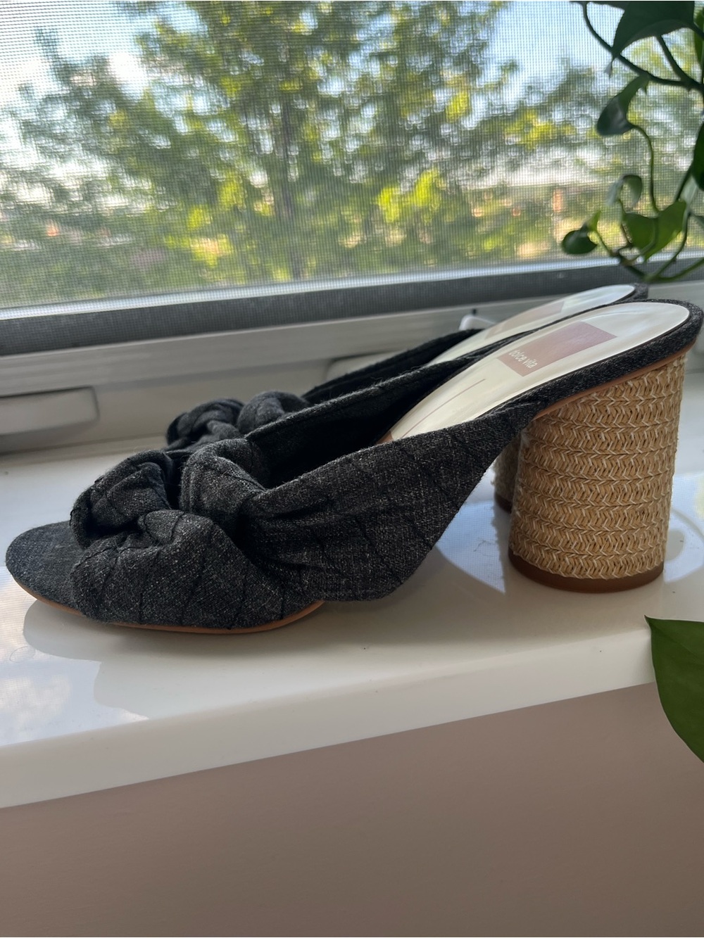 Knotted Open-Toe Mule in Charcoal Gray with Woven Block Heel